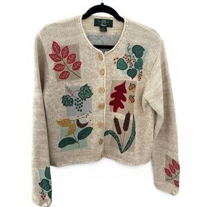 Vintage Orvis Fall Theme Leaf Knit Cardigan Sweater Autumn Medium